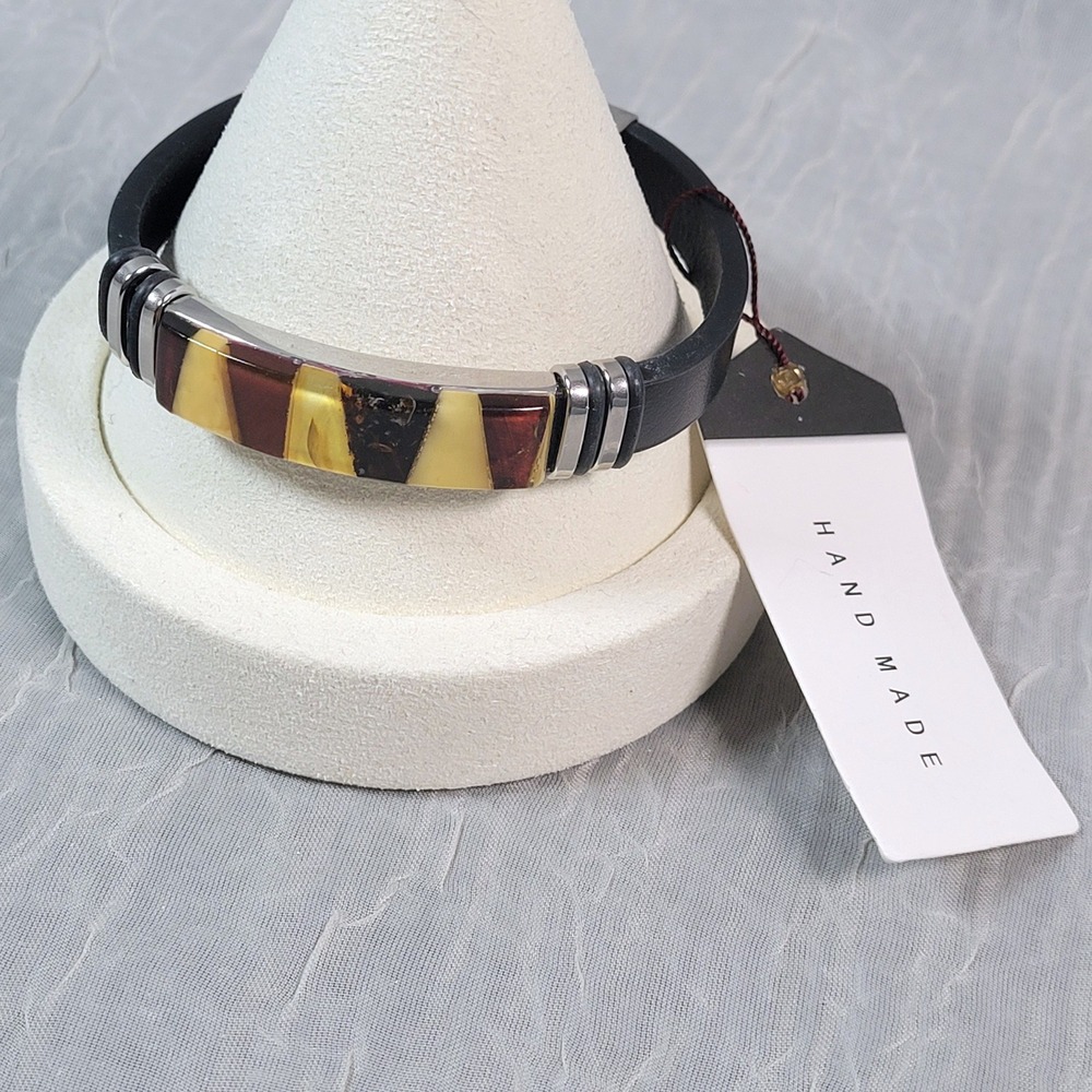 Baltic Amber Leather Bracelet Silver Tone Geometric Inlay 8.26 Inch Handmade